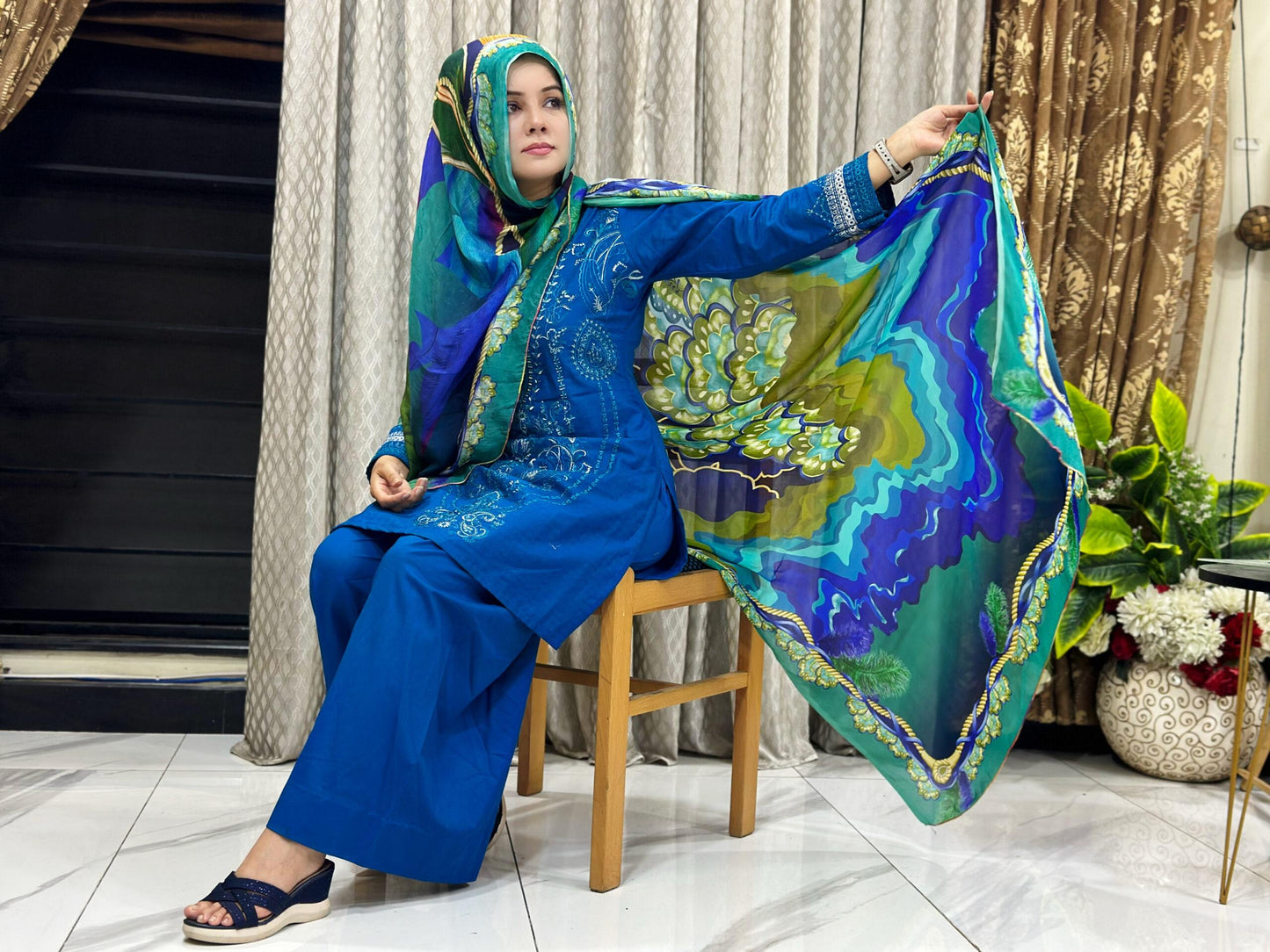 Embroidered Zink Blue Unstitched 3 Pcs