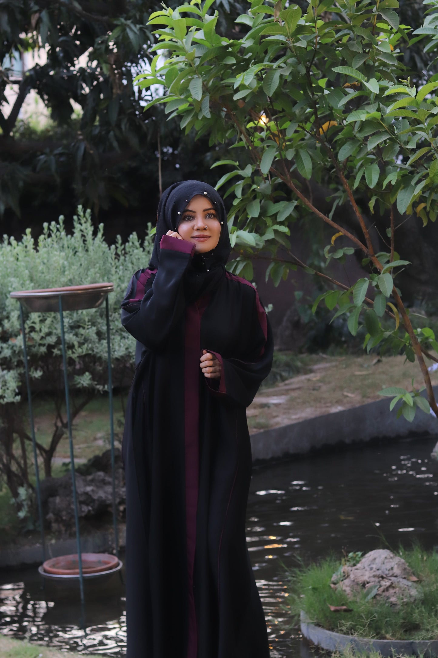 Black Abaya with Maroon Contrast Detailing – Bold Elegance by Haya by Rabi