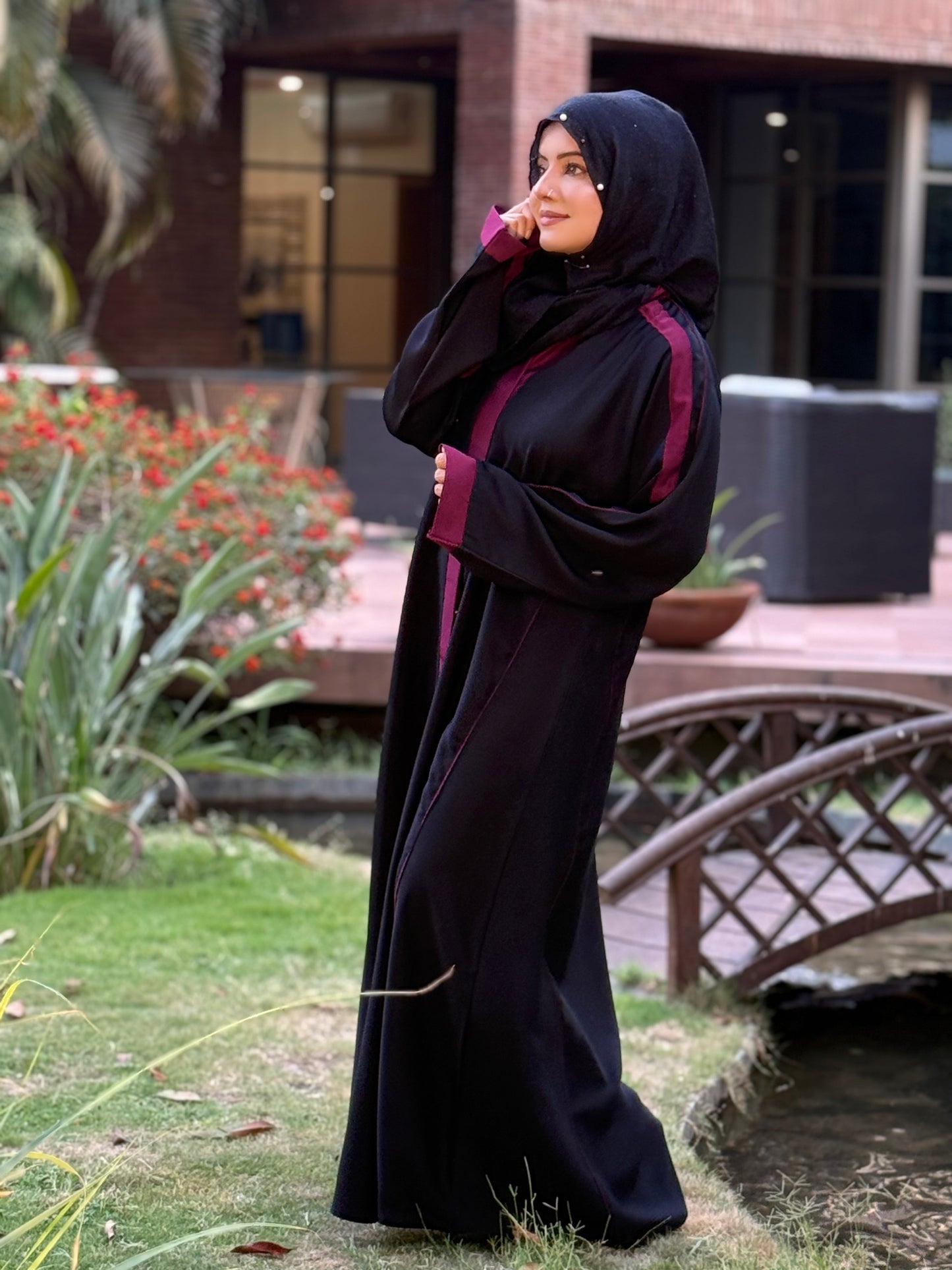 Black Abaya with Maroon Contrast Detailing – Bold Elegance by Haya by Rabi