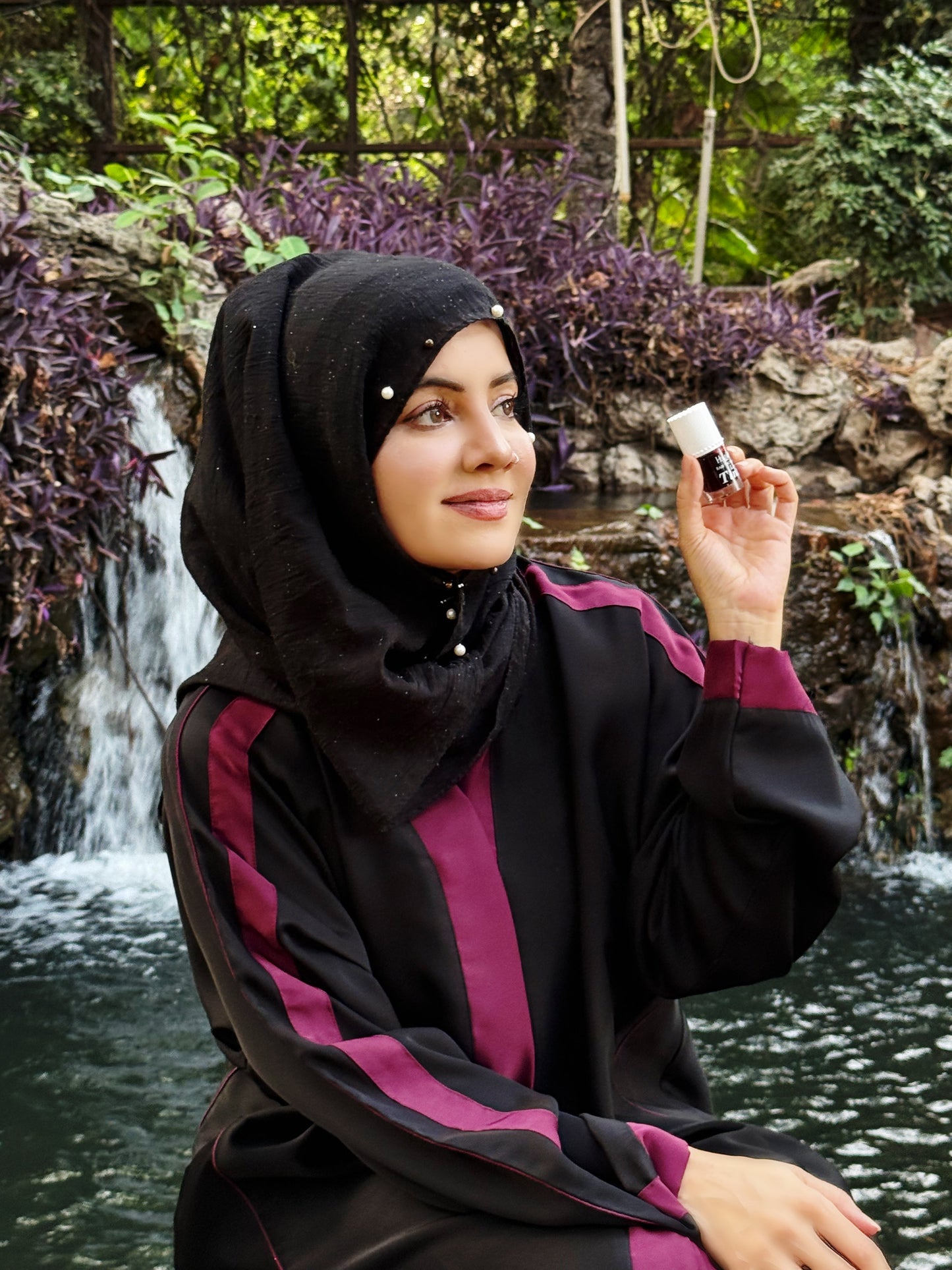 Black Abaya with Maroon Contrast Detailing – Bold Elegance by Haya by Rabi