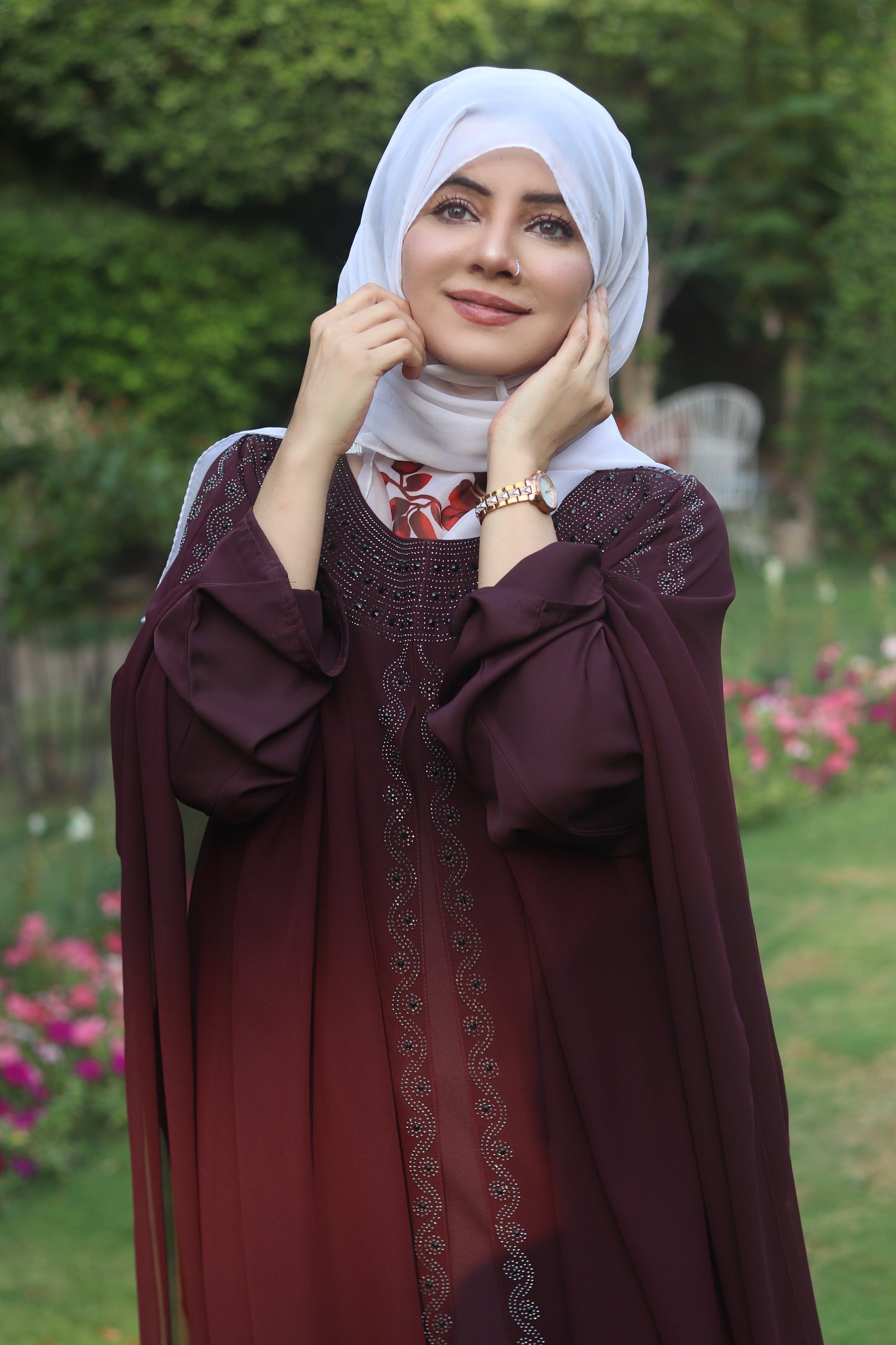 Luxury Maroon Kaftan Abaya with DMC Stone Work – Formal Glamour by Haya by Rabi