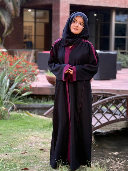 Black Abaya with Maroon Contrast Detailing – Bold Elegance by Haya by Rabi