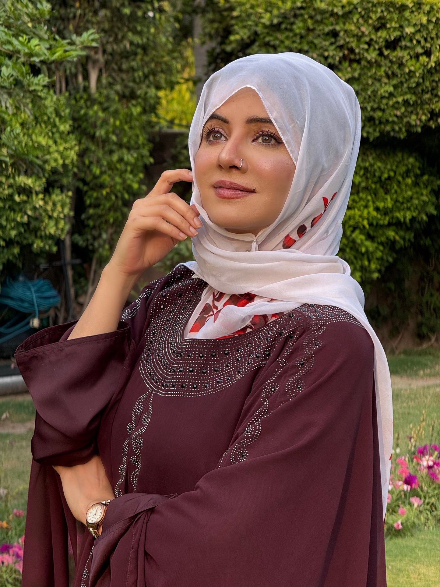 Luxury Maroon Kaftan Abaya with DMC Stone Work – Formal Glamour by Haya by Rabi