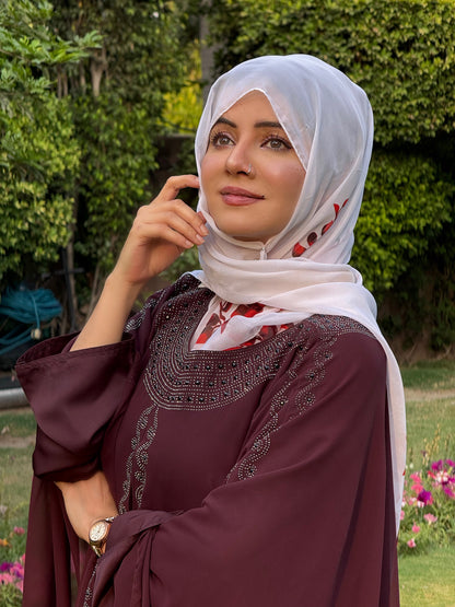 Luxury Maroon Kaftan Abaya with DMC Stone Work – Formal Glamour by Haya by Rabi